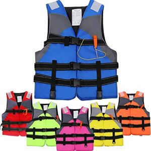 Schwimmweste für Erwachsene in Blau mit grauen Einsätzen, ausgestattet mit mehreren verstellbaren Gurten für optimalen Halt und Sicherheit während Wassersportaktivitäten.