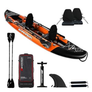 SKINHAWK Exclusiv Orange Kajak Set 380 in Orange und Schwarz, ideal für 2 Personen, inklusive ergonomischen Sitzen, Hochdruckpumpe und Finnen für optimale Stabilität auf dem Wasser.