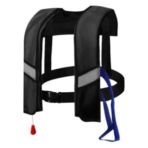 Vollautomatische Rettungsweste für den Außenbereich in Schwarz mit reflektierenden Streifen, ideal für Wassersport und Outdoor-Aktivitäten.