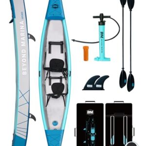Aufblasbares Kajak für 2 Personen, Drop-Stitch Tandem Kayak Set mit Paddeln, Sitzen, Pumpe, Finne und Tragetasche, robust und vielseitig
