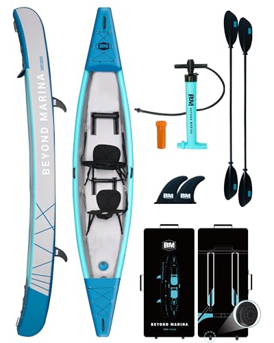 Aufblasbares Kajak für 2 Personen, Drop-Stitch Tandem Kayak Set mit Paddeln, Sitzen, Pumpe, Finne und Tragetasche, robust und vielseitig