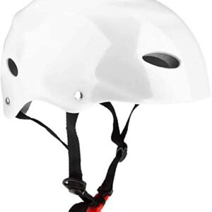 Weißer Sicherheitshelm mit schwarzen Riemen und rotem Knopf für Wassersportarten wie Kajakfahren oder Wakeboarding