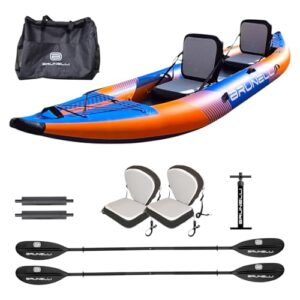Ein aufblasbares 2-Personen-Kajak mit Drop-Stitch-Konstruktion, komplett ausgestattet für einen sicheren und bequemen Kayaktouren. Mit Paddeln, Hochdruck-Doppelpumpe und Transporttasche.