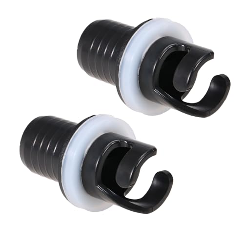 Zwei Ventile für Schlauchboote und Kajaks, jeder mit einem Drehmechanismus und aus Kunststoff gefertigt. Ideal für Wassersportler.