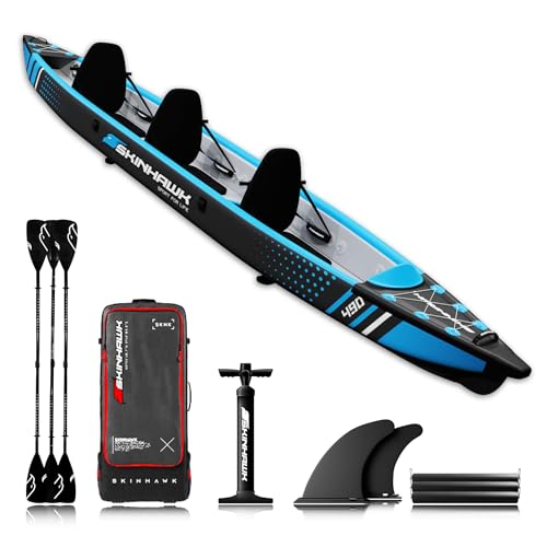 Bild eines SKINHAWK Premium Drop Stitch Kajaks, 490 x 85 cm groß, blau, für Wassersport und Abenteuer.