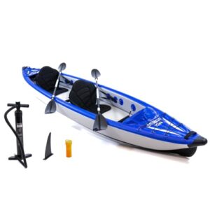 No Stress Kajak Zweisitzer 420 cm, Inflatable Kajak mit Dropstitch-Technologie, hervorragende Fahrperformance, 3-Kammer-System, zwei Paddel, Sitze, Pumpe, Finne, Rucksack und Repair Kit