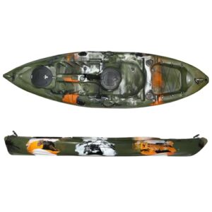 Kajak Sit-on-Top mit Camouflage-Muster, 2,70 m lang und 0,8 m breit, aus robustem Polyethylen (PE) gefertigt, inkl. Rutenhalter-Vorbereitung und Stauraum, perfekt für Angelkajak-Touren