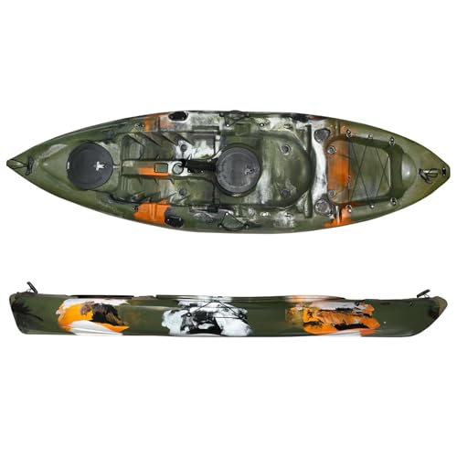 Kajak Sit-on-Top mit Camouflage-Muster, 2,70 m lang und 0,8 m breit, aus robustem Polyethylen (PE) gefertigt, inkl. Rutenhalter-Vorbereitung und Stauraum, perfekt für Angelkajak-Touren