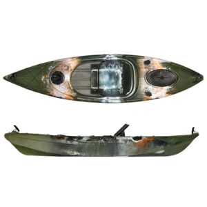 Angelkajak mit Camouflage-Design, extra breite und kippstabile Konstruktion für eine ruhige Plattform bei Angel- und Fotografieaktivitäten