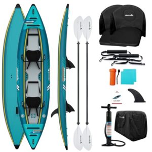 Ein blaues aufblasbares Inflatable Kayak für zwei Personen mit vier Anhängern, einem Luftpumpen und einer Tragetasche.