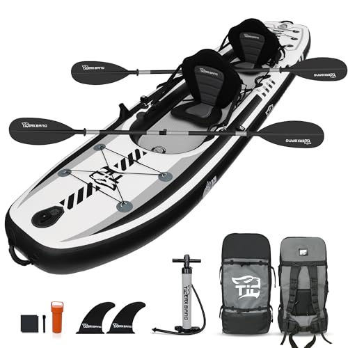 TIGERXBANG Aufblasbares Kajak, 390 x 95 x 20 cm, mit abnehmbarem Sitz, Sup-Kajak-Set inklusive Handpumpe/Aluminium-Paddel/Rucksack