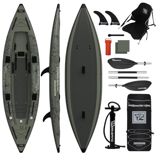 Aufblasbares Angelkajak mit Sitz, 386 x 102 x 27 cm SUP Kajak Set für Erwachsene & Kinder, Fishing Kayak mit Paddel, Handpumpe, Rucksack & Zubehör für Angeln und Touring