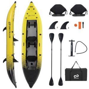 GOPLUS Kajak Aufblasbar für 2 Personen, Schlauchboot mit Aluminiumrudern, gepolstertem Eva-Sitz, Handpumpe & Reparaturset, Kanu mit Tragetasche bis 230 kg belastbar (Gelb)