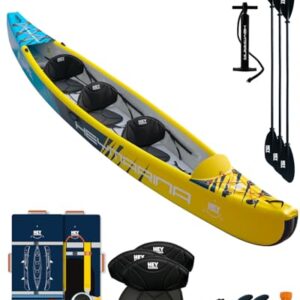 Hey Marina Drop-Stitch Tandem Kajak Set für Erwachsene mit Paddeln, Sitzen, Pumpe, Finne & Tragetasche, robust und vielseitig