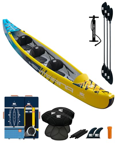 Hey Marina Drop-Stitch Tandem Kajak Set für Erwachsene mit Paddeln, Sitzen, Pumpe, Finne & Tragetasche, robust und vielseitig