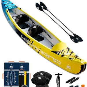 Hey Marina aufblasbares Kajak für 2 Personen, Drop-Stitch Tandem Kayak Set mit Paddeln, Sitzen, Pumpe und Tragetasche